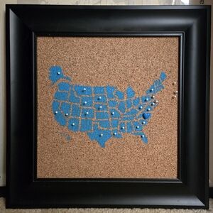 Decorative travel map push pins heart road trip blue tan black frame 16" square